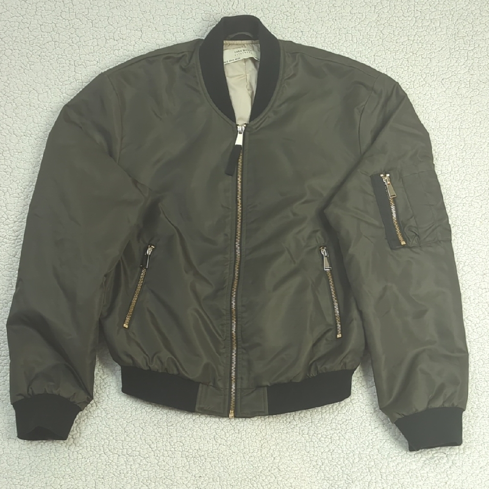 Zara Khaki Bomber Jacket with Black Accents